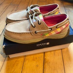 Sperry Top-Sider Beige Boat Shoes with Plaid Accents